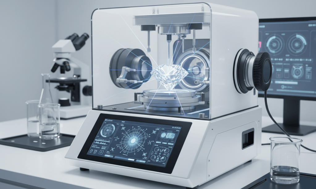 A modern diamond‑analyzing machine holding a gemstone under precision sensors, with digital displays and holographic measurement graphics.