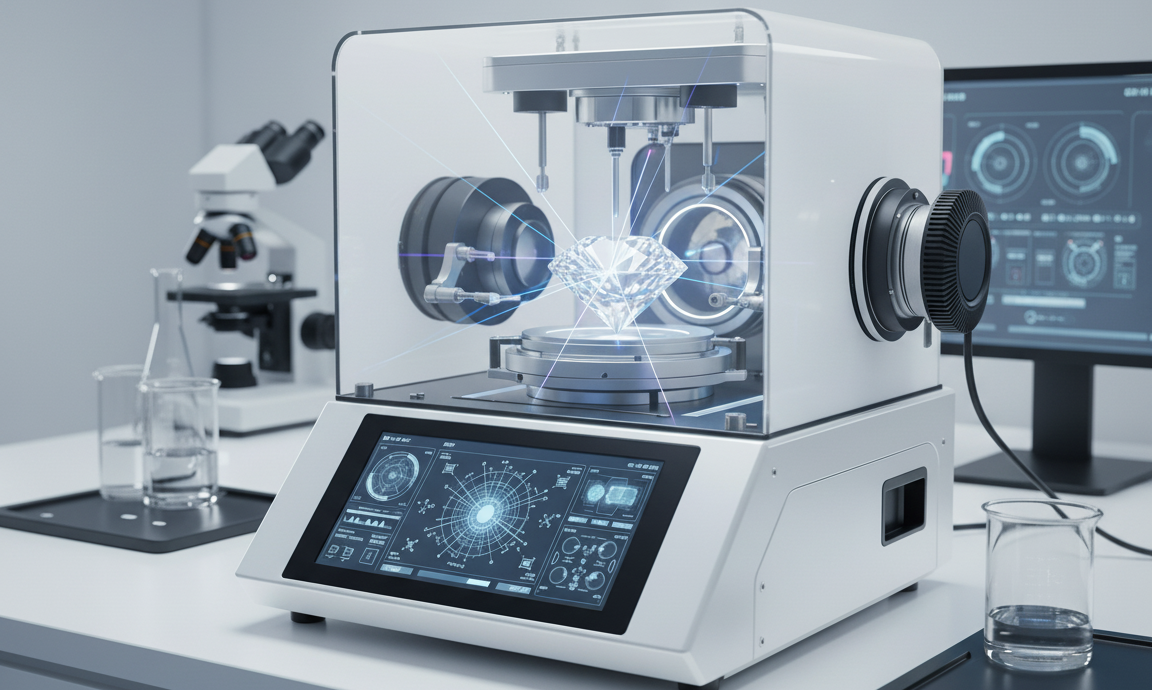 A modern diamond‑analyzing machine holding a gemstone under precision sensors, with digital displays and holographic measurement graphics.