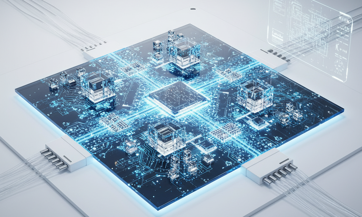 A futuristic computer chip with glowing blue circuit pathways and crystal‑like structures resembling diamonds mounted on top.